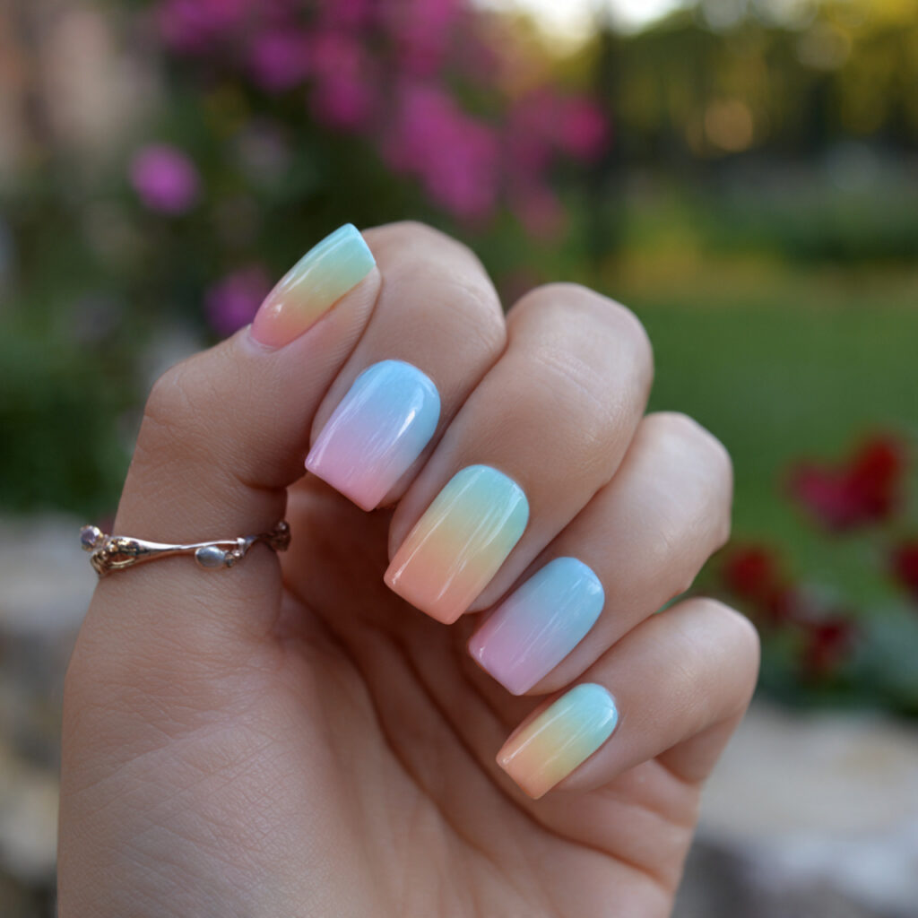 attractive soft ombre nails with outdoor backgroun