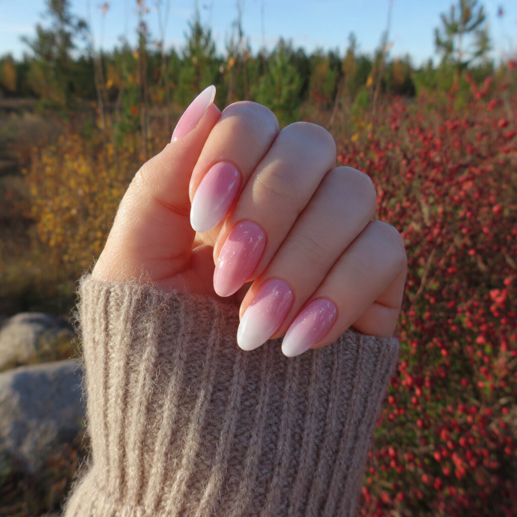 attractive soft pink and white blend nails with ou