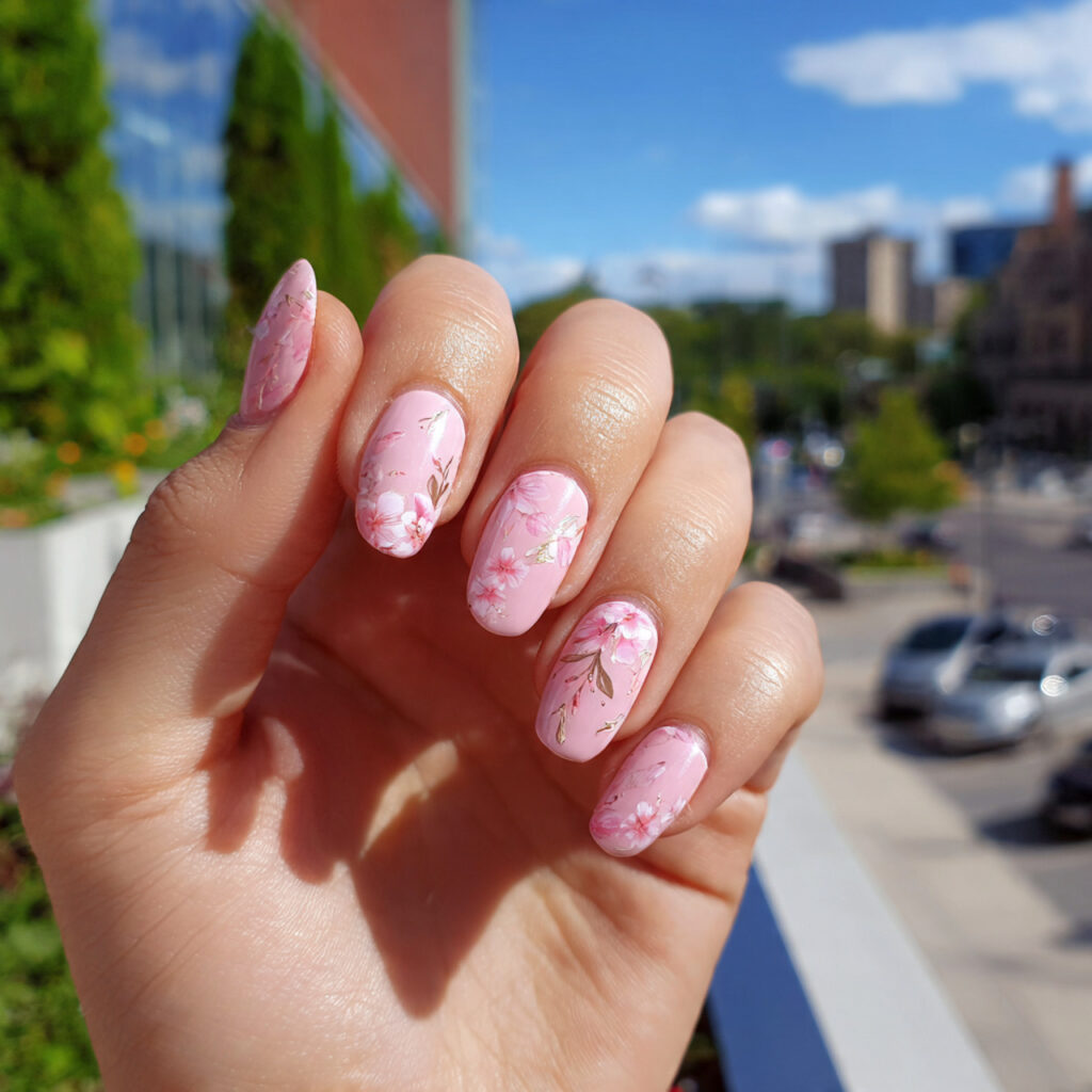 attractive soft pink blooming petals nails with ou