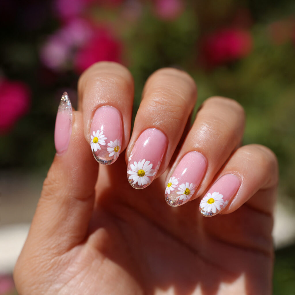 Nail Inspo Flower: The Dreamiest Floral Nail Ideas You’ll Want to Copy 1 attractive soft pink daisy nails with outdoor back