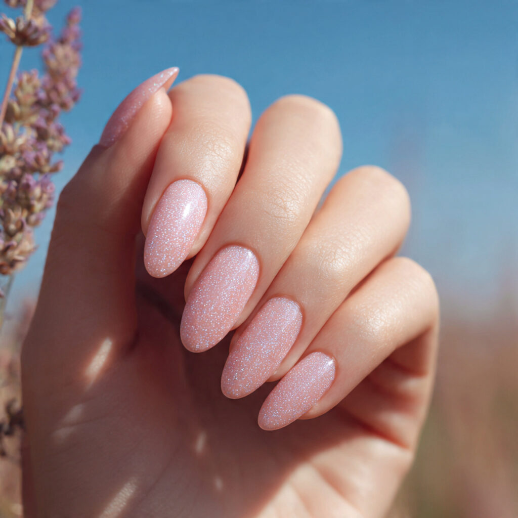 Pink Sparkle Nails: Soft Glam, Glossy Shine & Dreamy Glow 1 attractive soft pink fine glitter nails with gloss 2