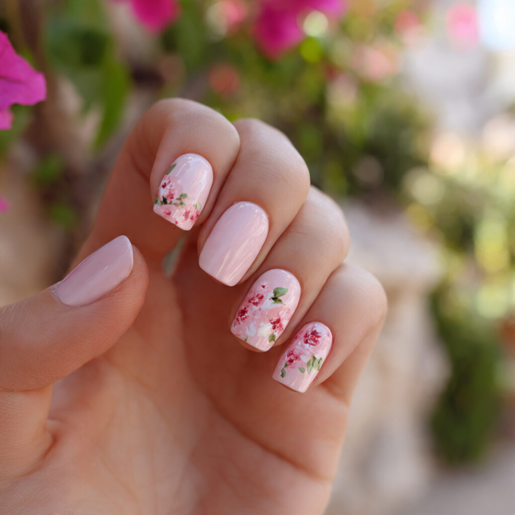 Pink Gel Nails: 12 Glossy, Dreamy & Totally Addictive 9 attractive soft pink floral gel nails outdoor back