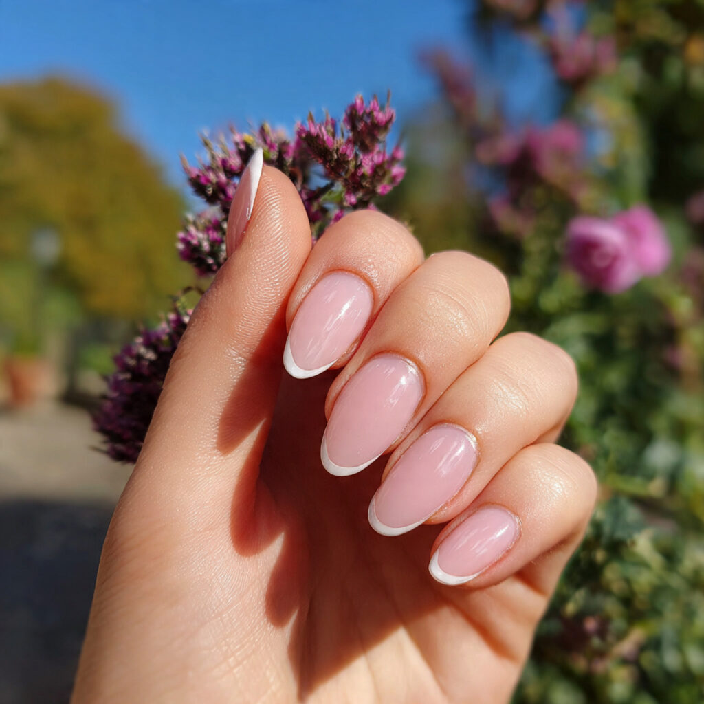 attractive soft pink french tip almond nails with