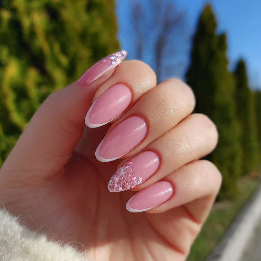 attractive soft pink french tip almond nails with 1 1