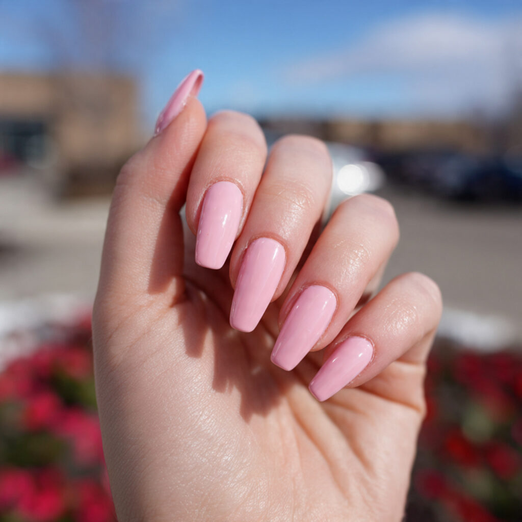 Short Coffin Nails Designs: Chic, Cute & Totally Addictive Ideas 2 attractive soft pink gloss coffin nails with outdo