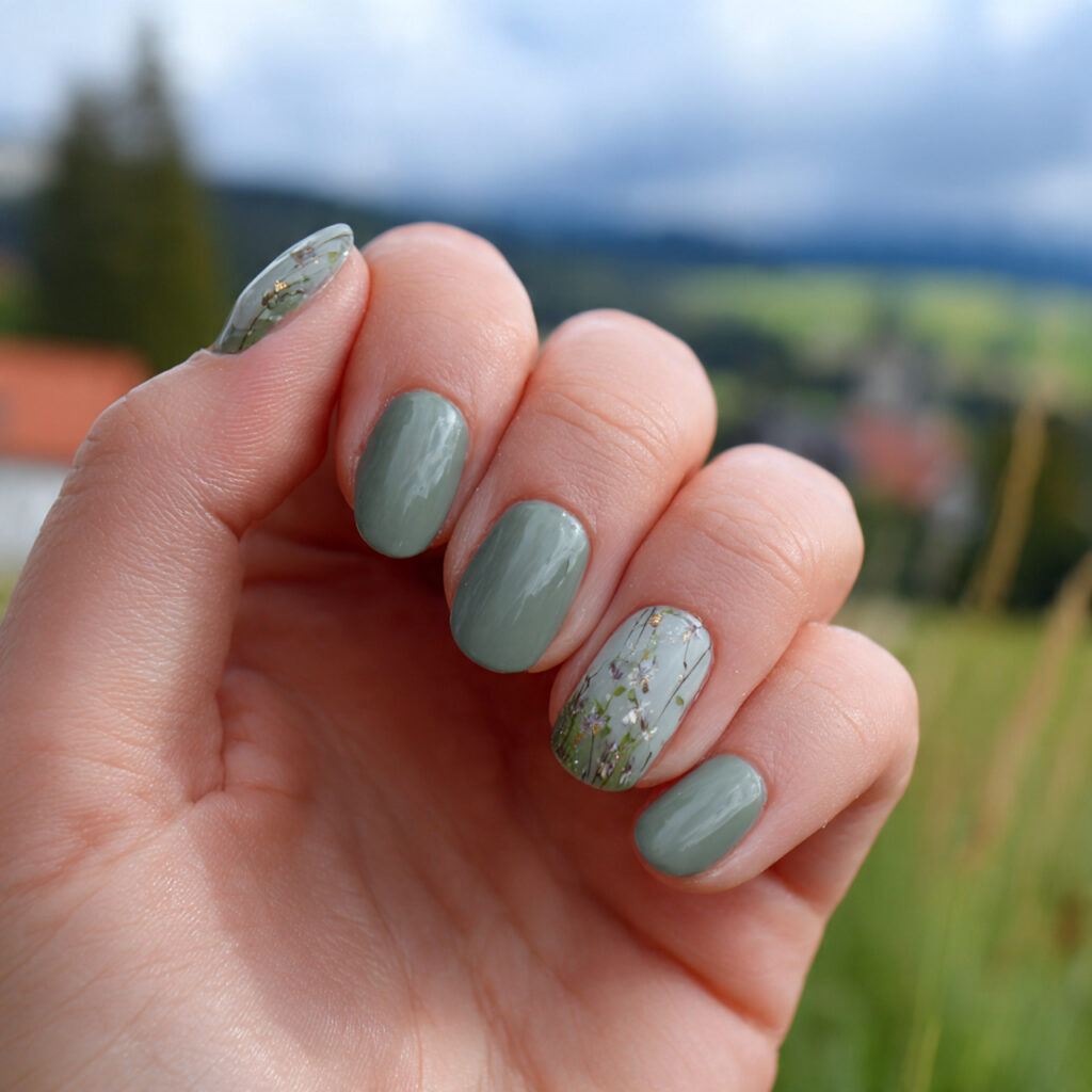 Short Nails Spring: Fresh, Soft & Effortlessly Pretty Ideas 3 attractive soft sage green short nails with outdoo