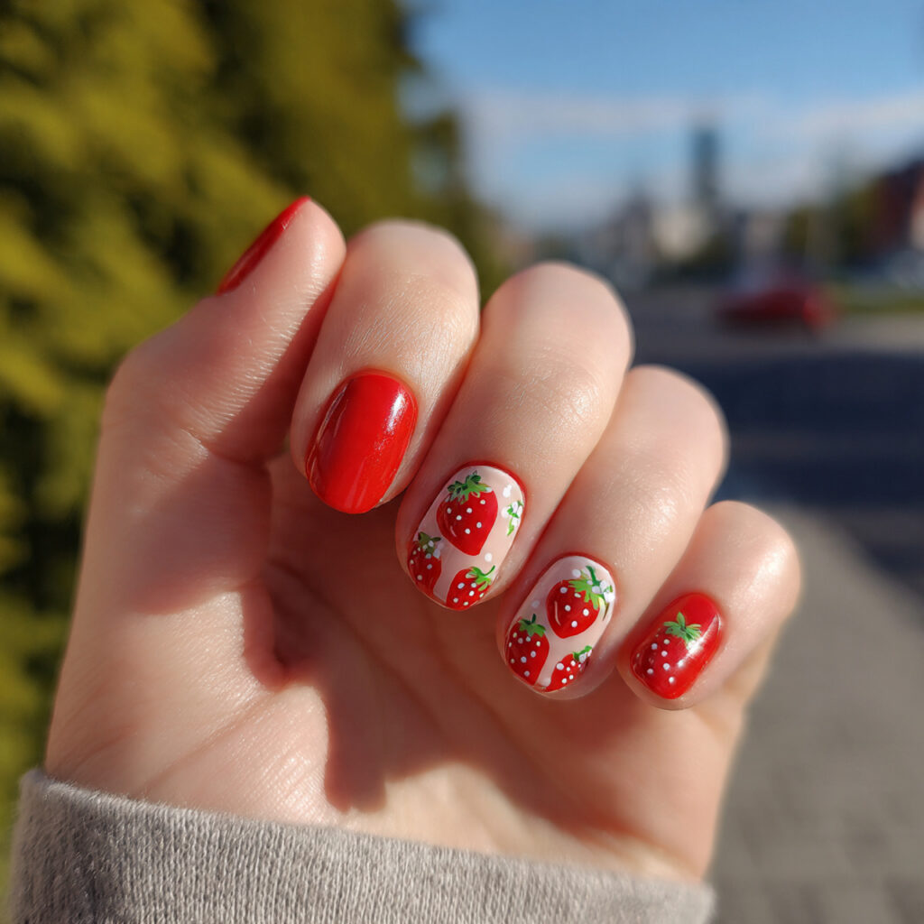 Nail Inspo for Kids: Cute, Colorful & Playful Designs to Try 2 attractive strawberry cute short nail with outdoor