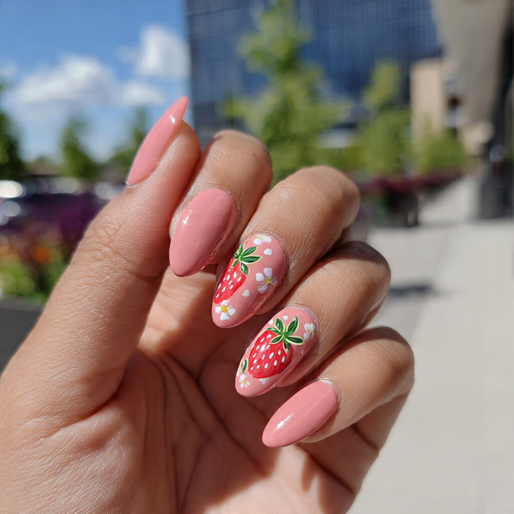 Extra Short Almond Nails: 14 Cute & Aesthetic Ideas You’ll Love 11 attractive strawberry detail almond short nails wi