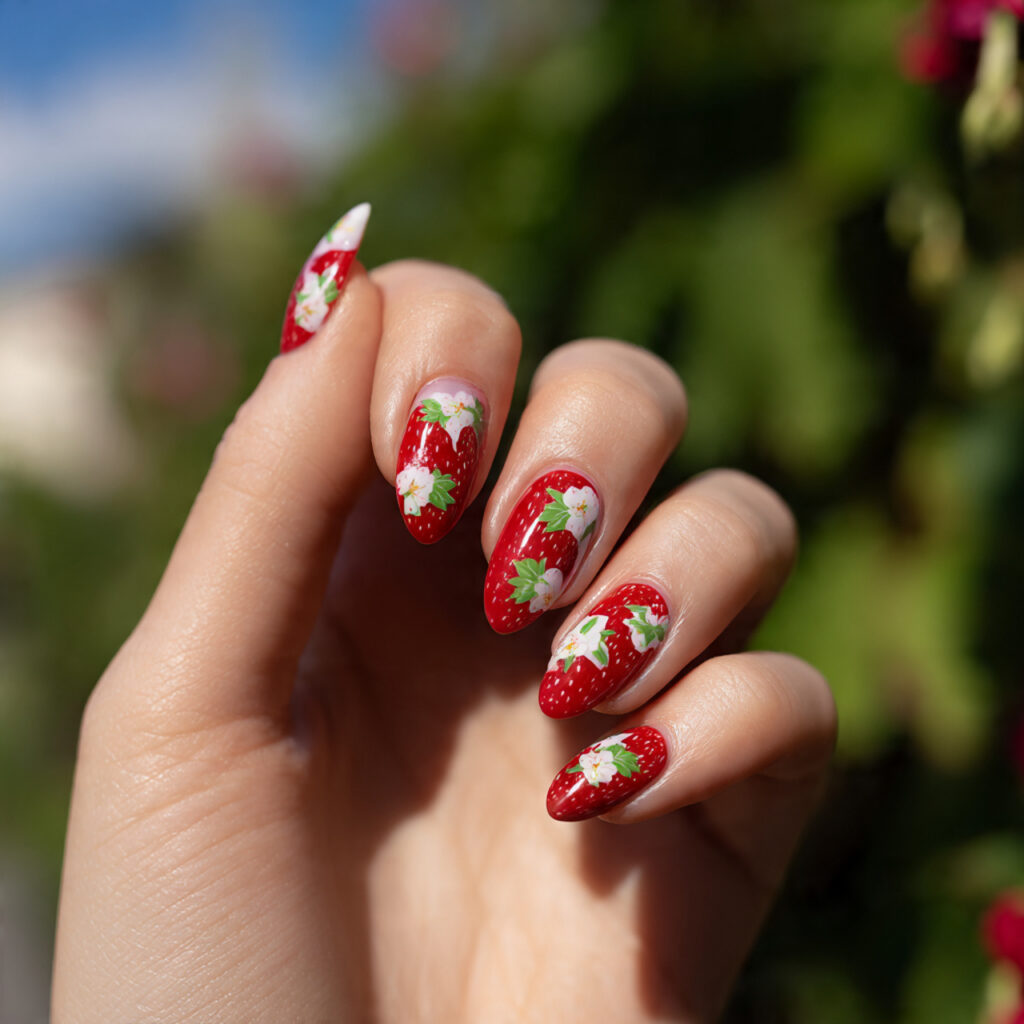 attractive strawberry detail pointy short nails wi 1