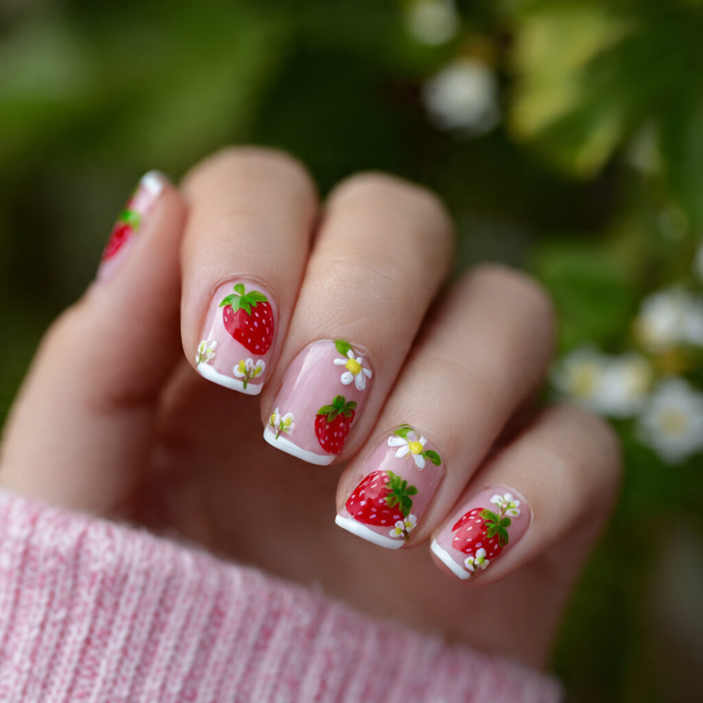 Short Nails Cute: Tiny Designs You’ll Instantly Fall For 8 attractive strawberry detail short nails with outd