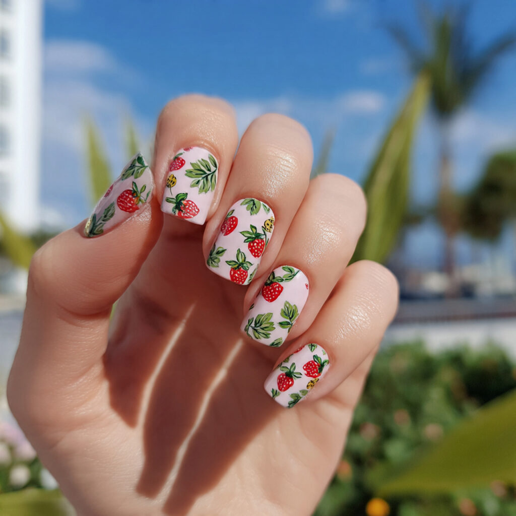 attractive strawberry inspired nails with outdoor
