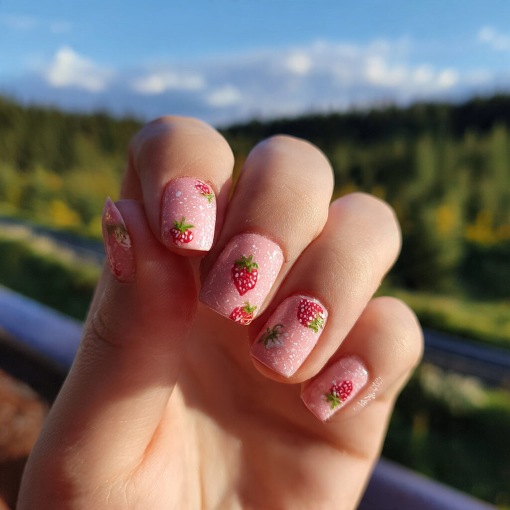 attractive strawberry milk short nails with outdoo 2