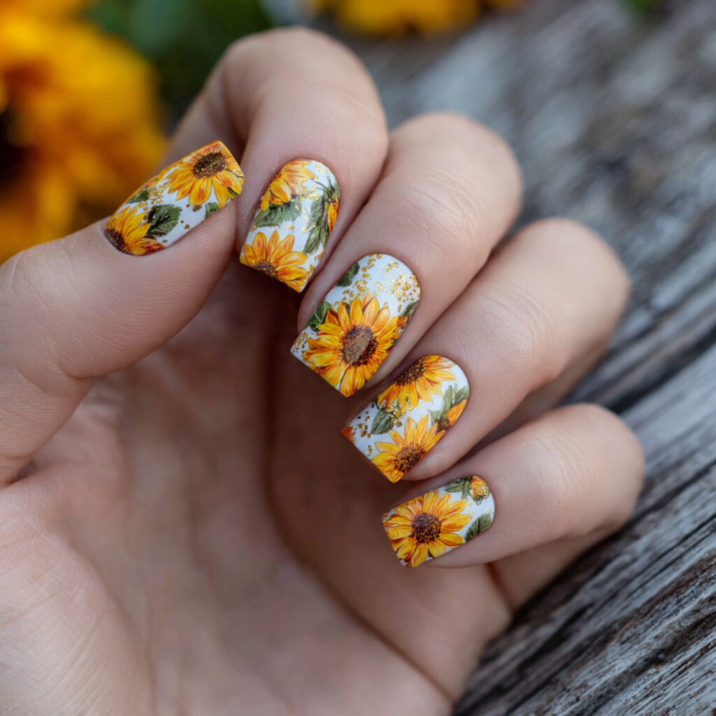 Nail Inspo Flower: The Dreamiest Floral Nail Ideas You’ll Want to Copy 7 attractive sunflower accent nails with outdoor bac