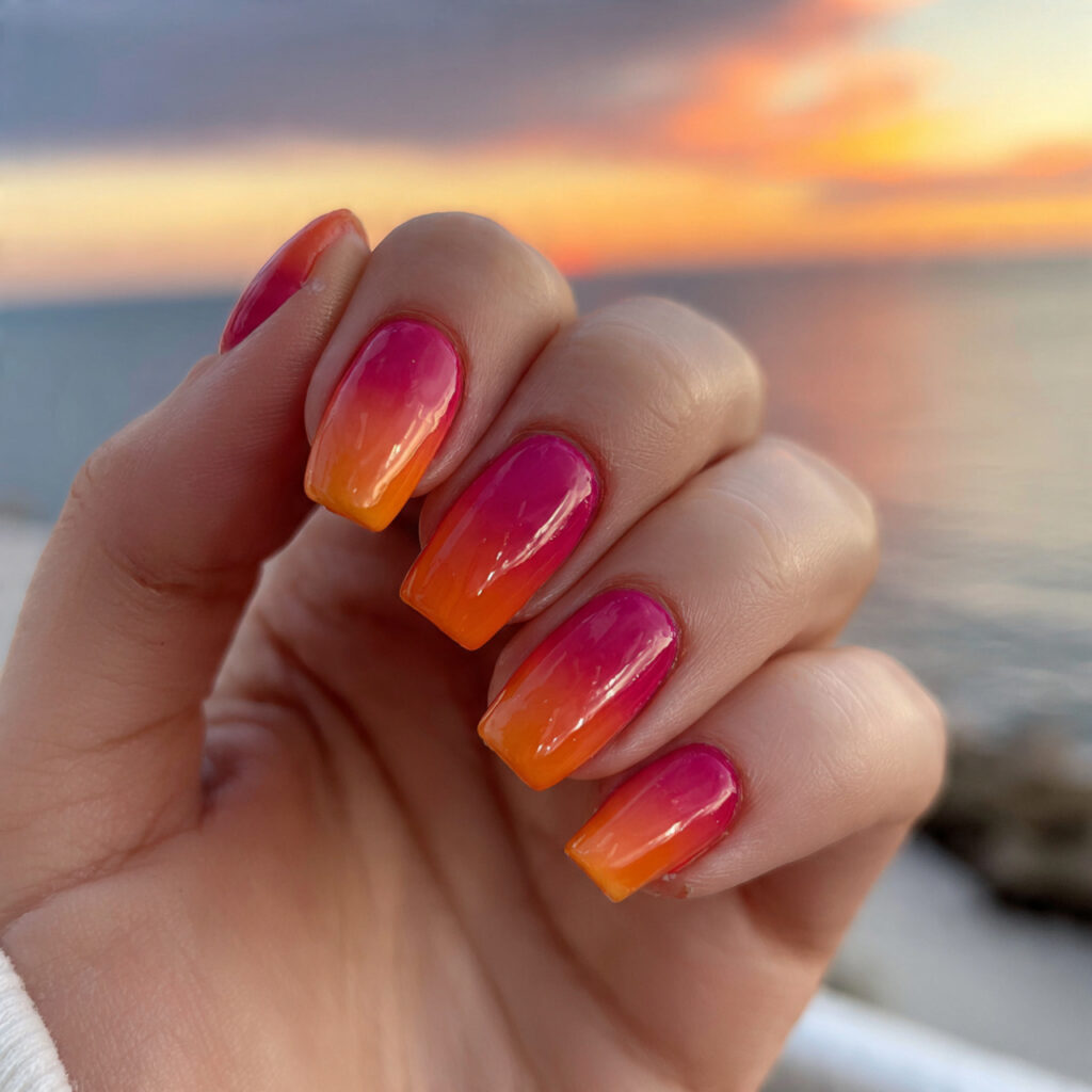 attractive sunset ombre acrylic short nails with o