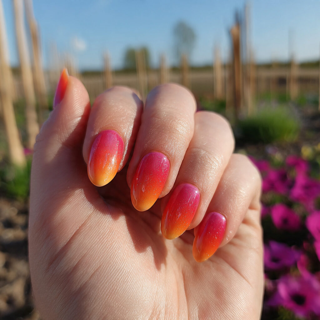 Short Nails Oval: 14 Soft & Aesthetic Designs You’ll Love 5 attractive sunset ombre oval short nails with outd