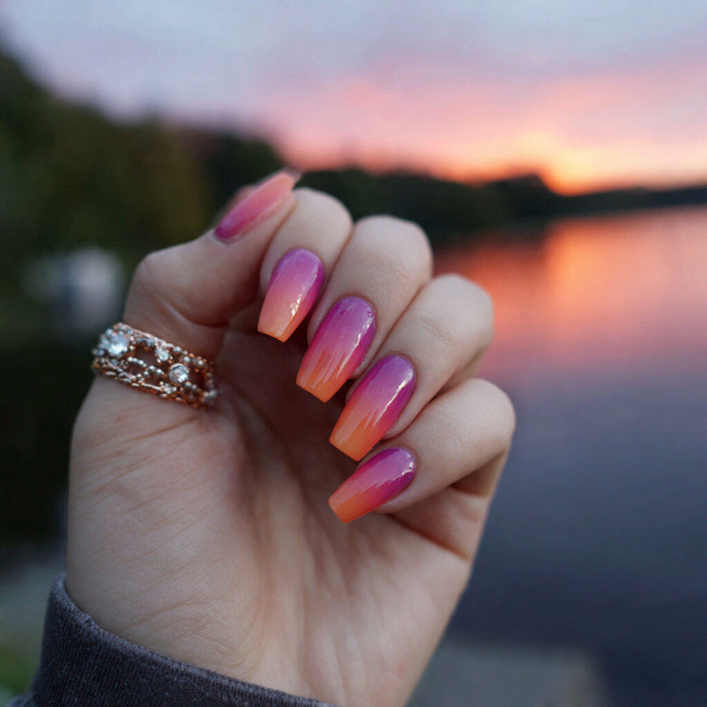Coffin Nails Short: 14 Cute & Trendy Designs You’ll Want to Try 5 attractive sunset ombre short coffin nails with ou