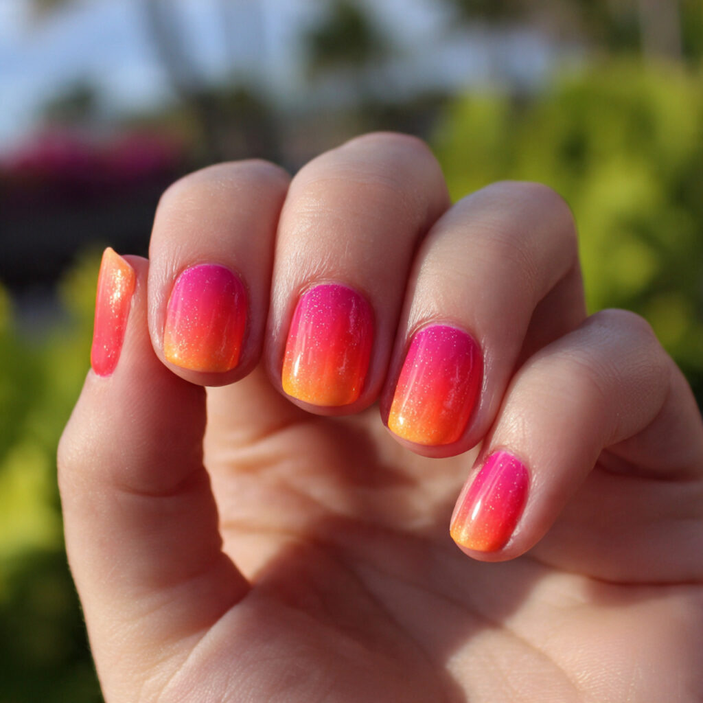 attractive sunset ombre short nails with outdoor b 1