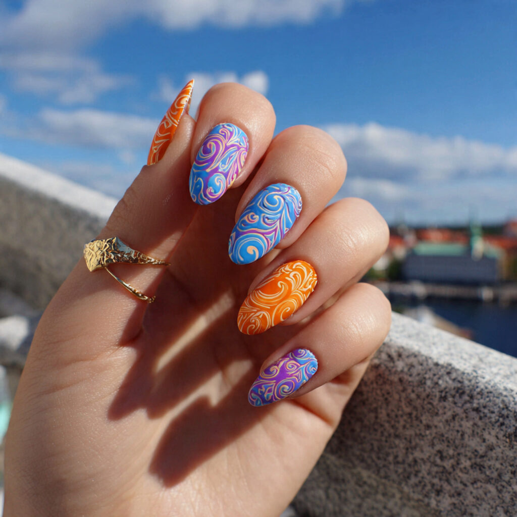 attractive swirl art almond nails with outdoor bac