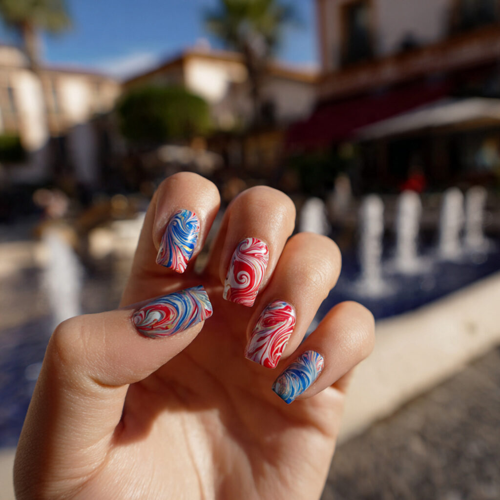 attractive swirl design square nails with outdoor