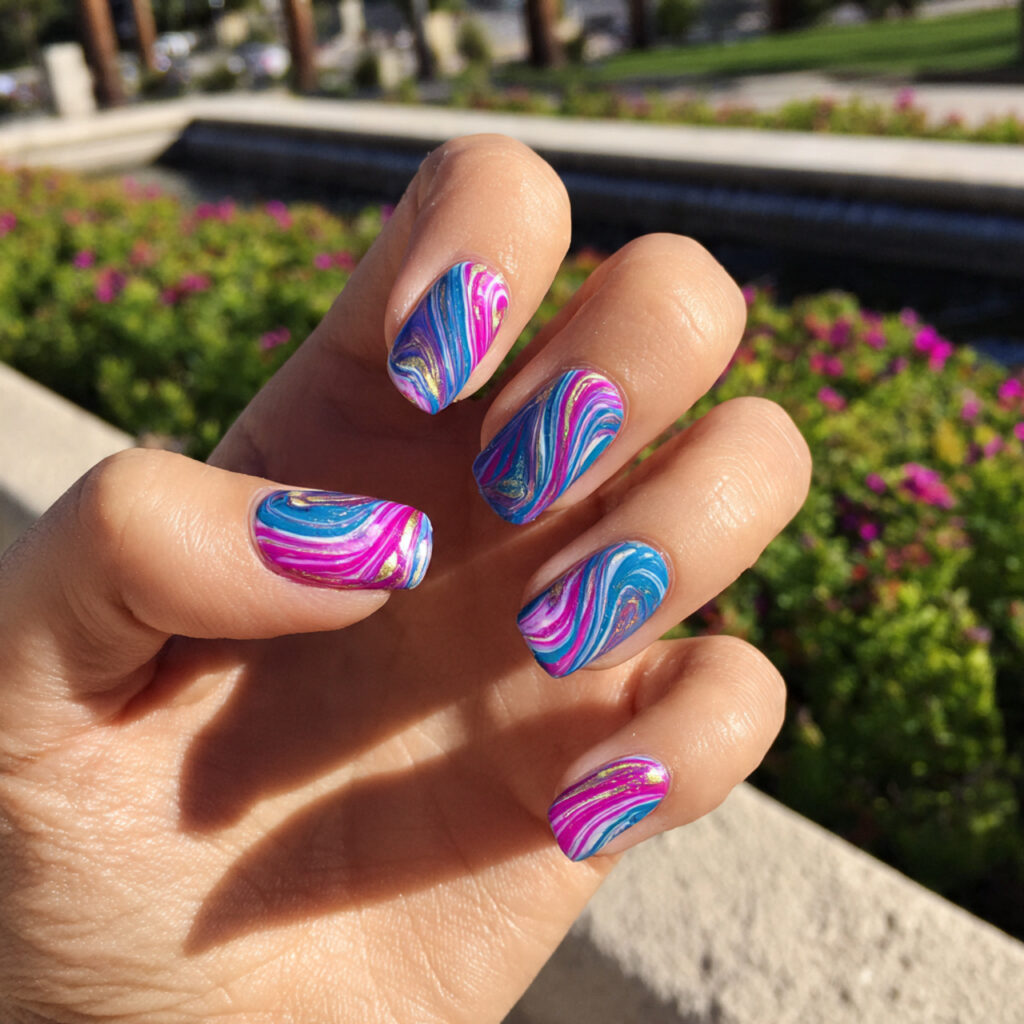 attractive swirl nail art with outdoor background