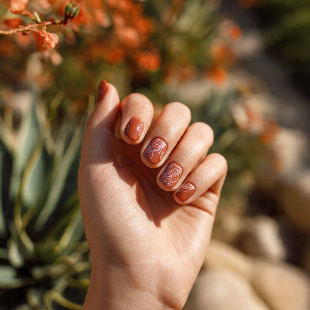 Short Nails Fall: Cozy, Chic & Cute Ideas You’ll Want to Save 9 attractive terracotta short nails with outdoor bac 1