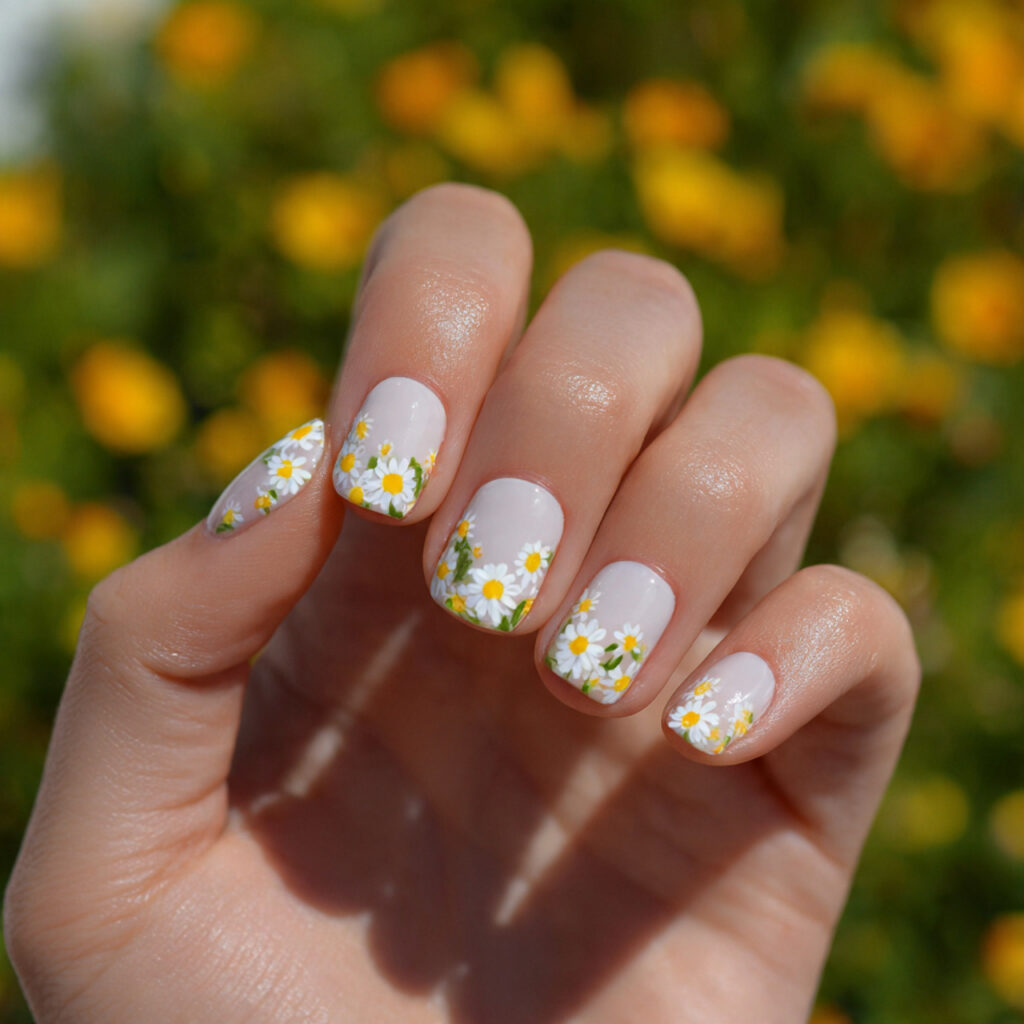 Extra Short Nails: Minimal, Cute & Effortlessly Chic 4 attractive tiny daisy accent short nails with outd