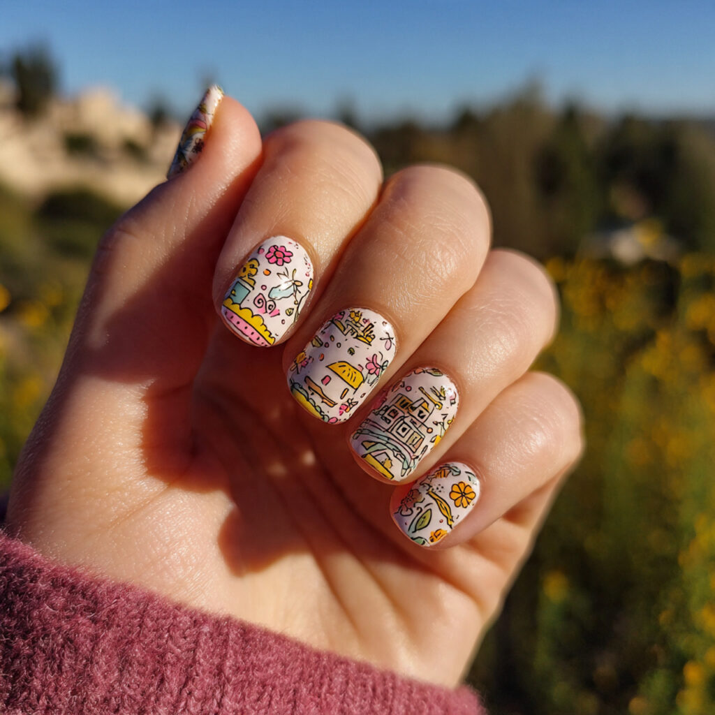 attractive tiny doodle funky short nails with outd