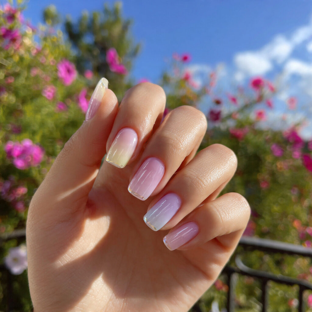 attractive two tone color nails with outdoor backg