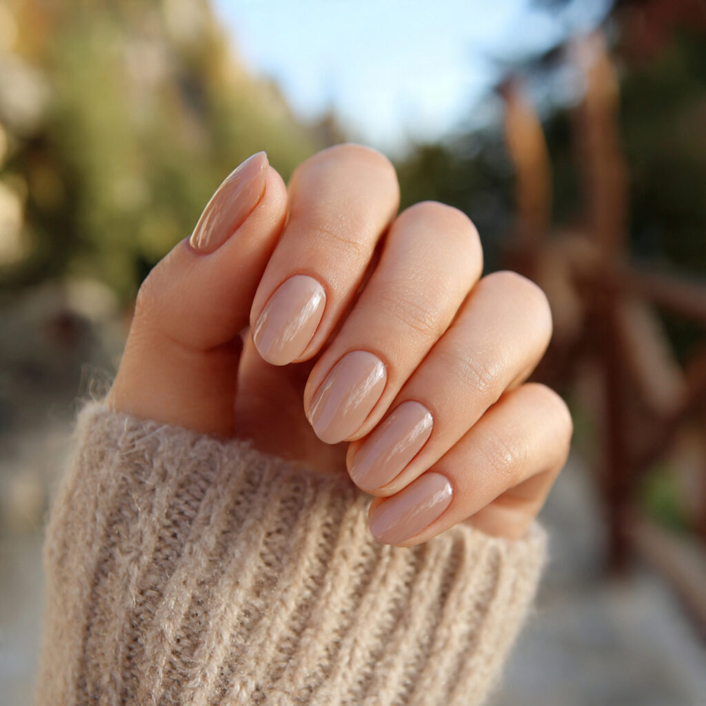 Brown Short Nails: Cozy, Chic Looks You’ll Want on Repeat 3 attractive warm beige brown nails with outdoor bac 1