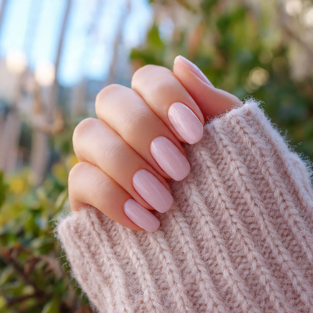 Pale Pink Nails: Soft, Elegant & Effortlessly Beautiful 8 attractive warm pale pink nails with outdoor backg