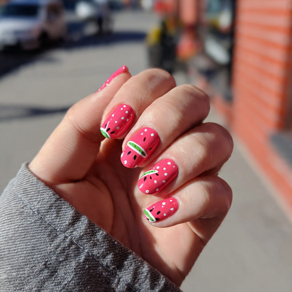 Nail Inspo for Kids: Cute, Colorful & Playful Designs to Try 8 attractive watermelon short nails with outdoor bac
