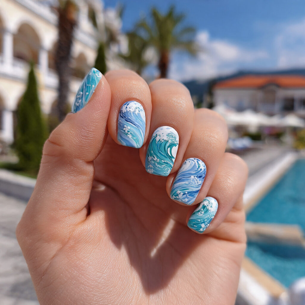 attractive wave acrylic short nails with outdoor b