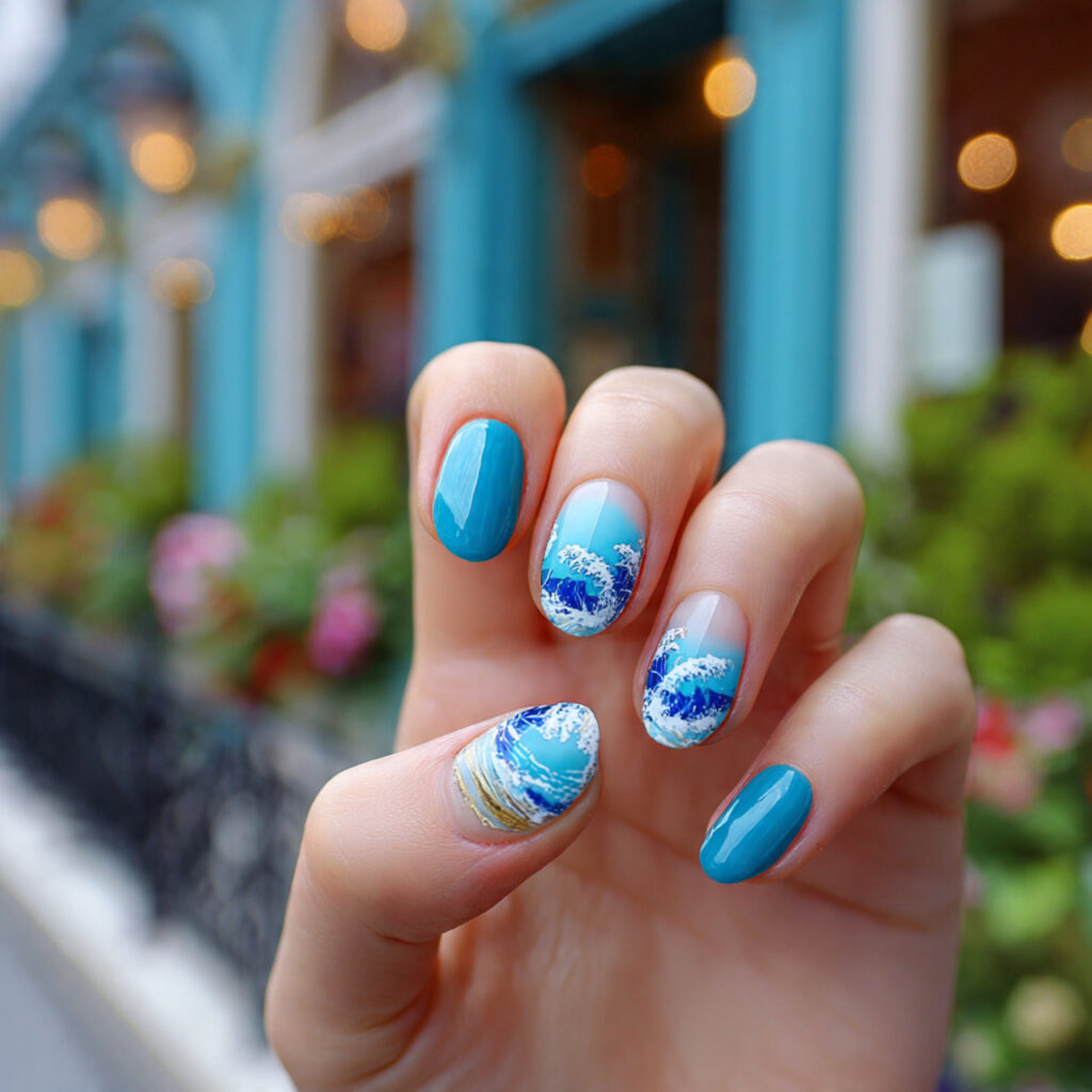 Extra Short Almond Nails: 14 Cute & Aesthetic Ideas You’ll Love 5 attractive wave almond short nails with outdoor ba 1