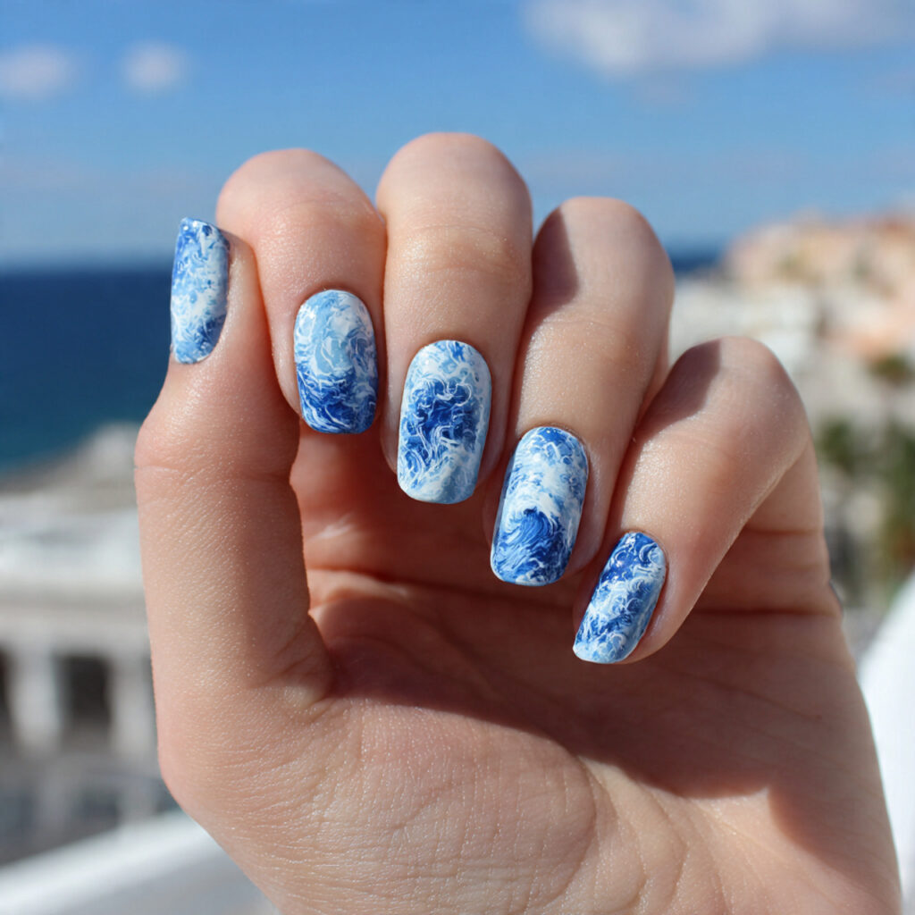 Nail Inspo Aesthetic: 14 Dreamy & Trendy Looks You’ll Want to Save 5 attractive wave nails with outdoor background