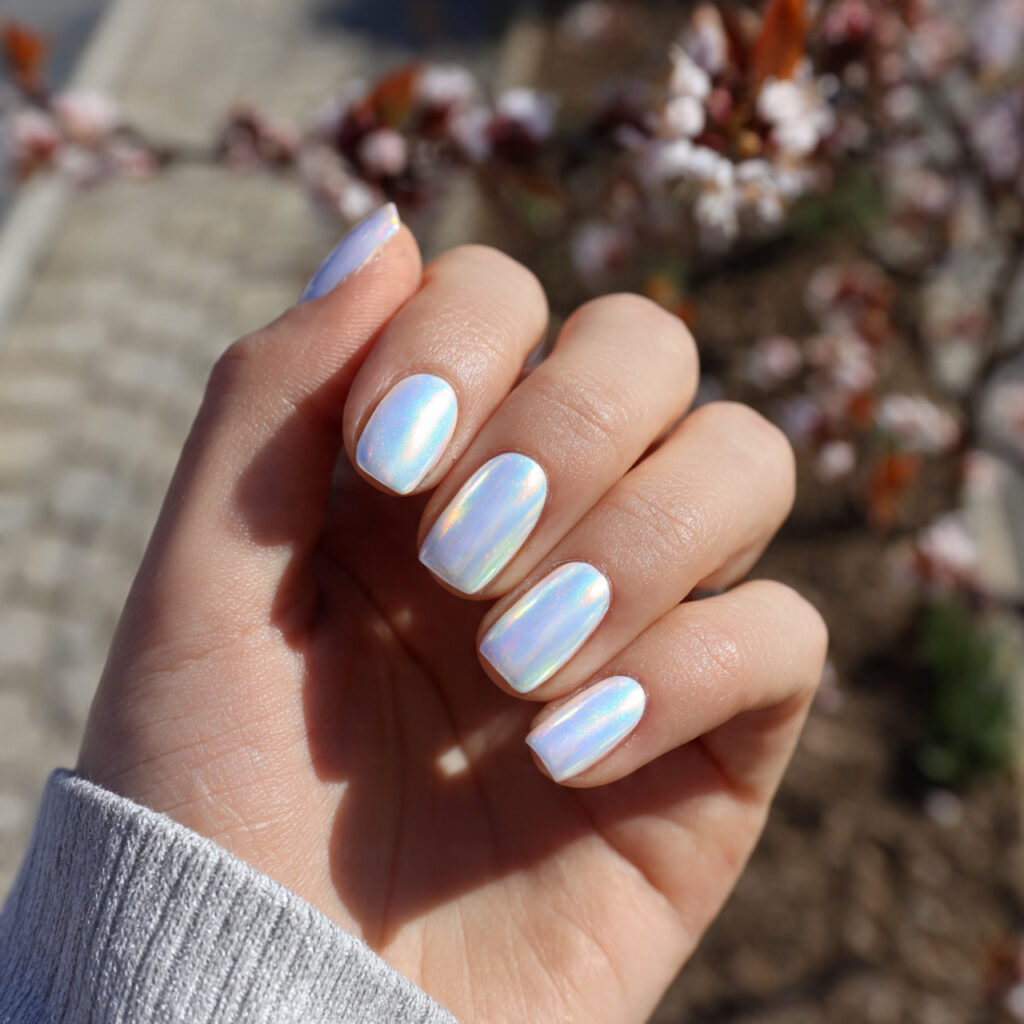 attractive white chrome squoval short nails with o
