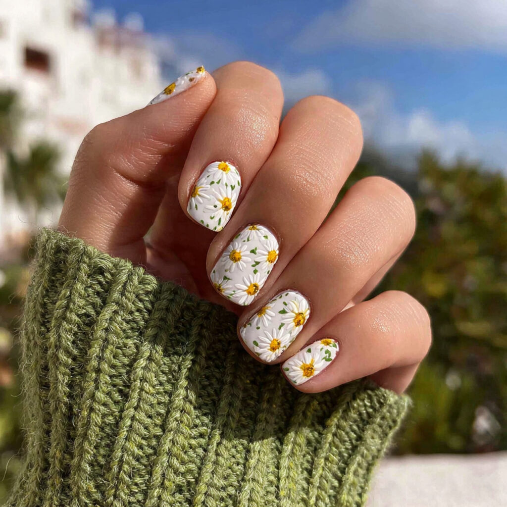 Short Nails White: Clean, Dreamy Looks You’ll Love Instantly 6 attractive white daisy short nails with outdoor ba