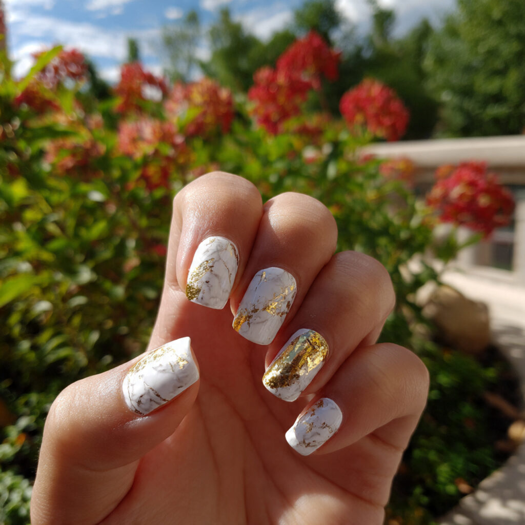 attractive white gold accent nails with outdoor ba