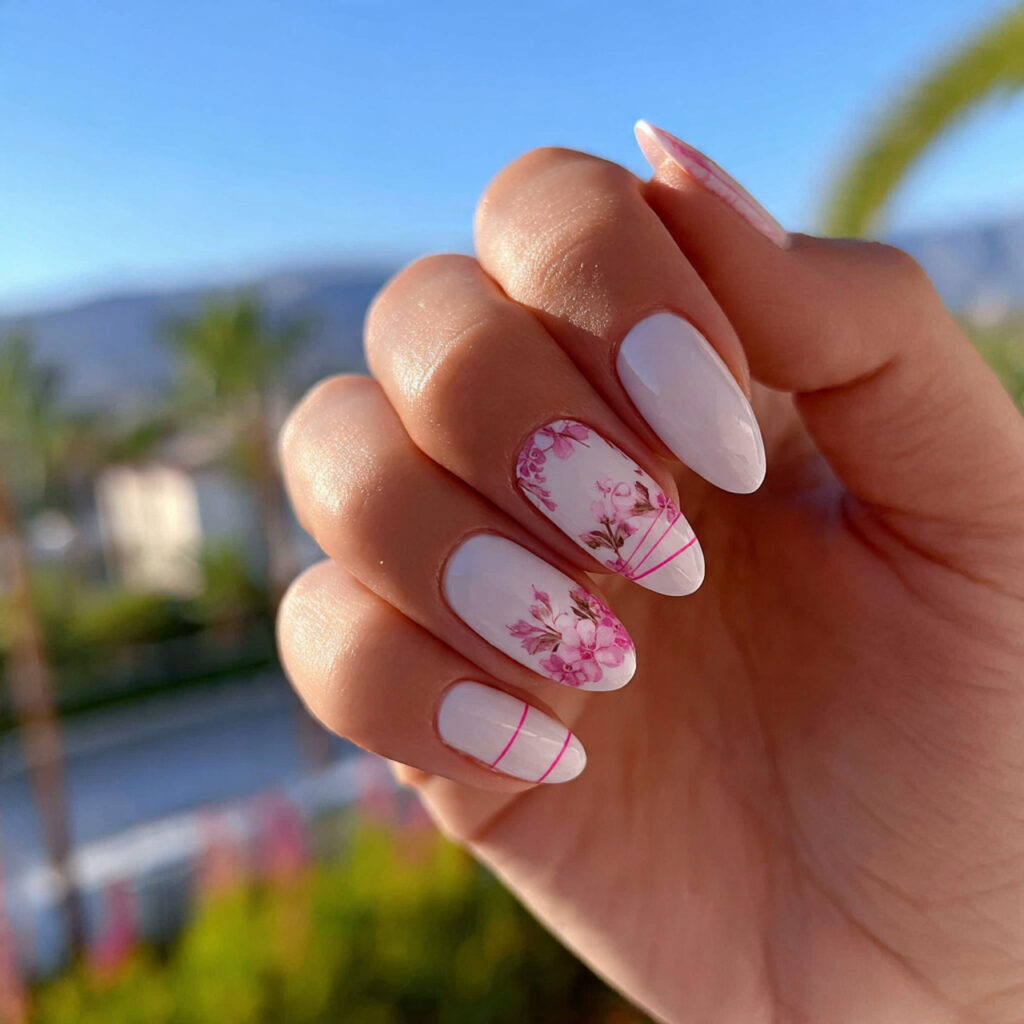 attractive white nails with pink line art with out