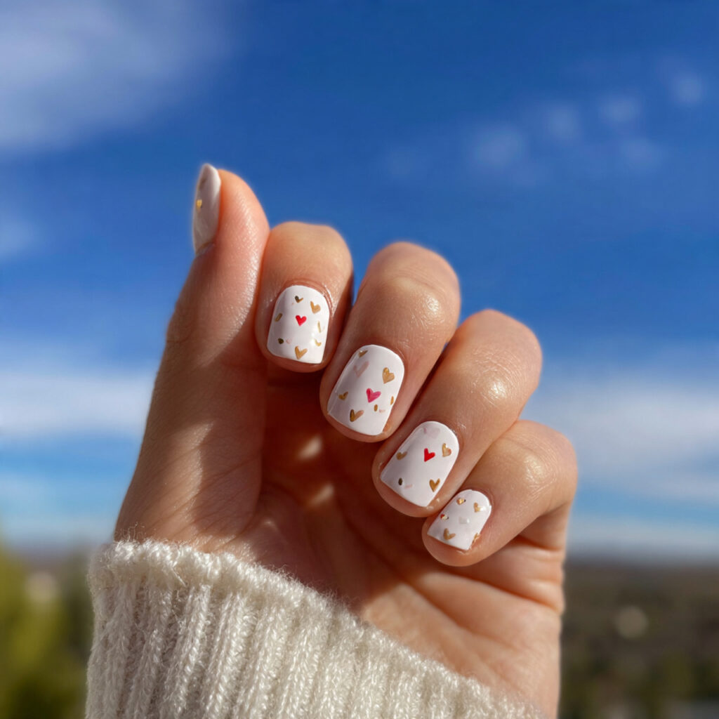 attractive white nails with tiny short hearts with