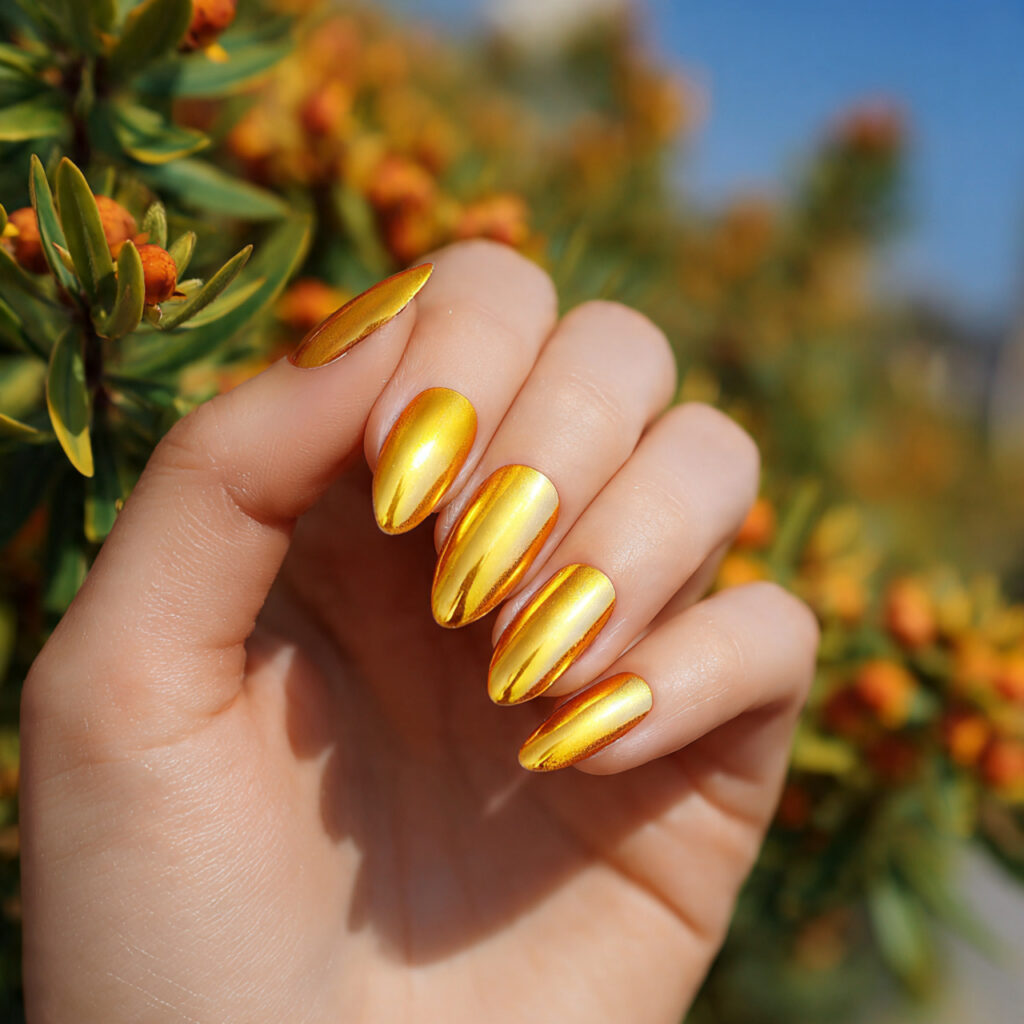 Nail Inspo Yellow: Bright, Happy & Sunshine-Ready 10 attractive yellow chrome nails with outdoor backgr