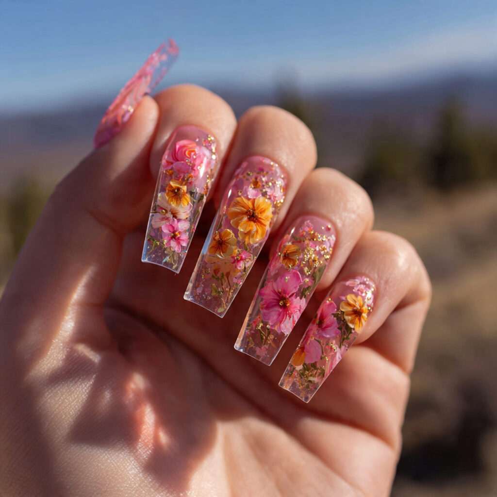 Nail Inspo Flower: The Dreamiest Floral Nail Ideas You’ll Want to Copy 9 attractive3d floral acrylic nails with outdoor bac