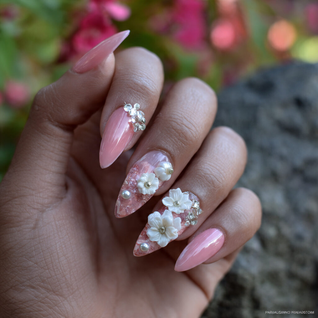 Nail Inspo 3D Flower: Soft Petals, Dreamy Details & Pure Romance 13 attractivepink nails with pearl 3d flowers with ou