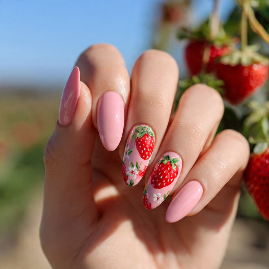 attractivestrawberry detail almond nails with outd