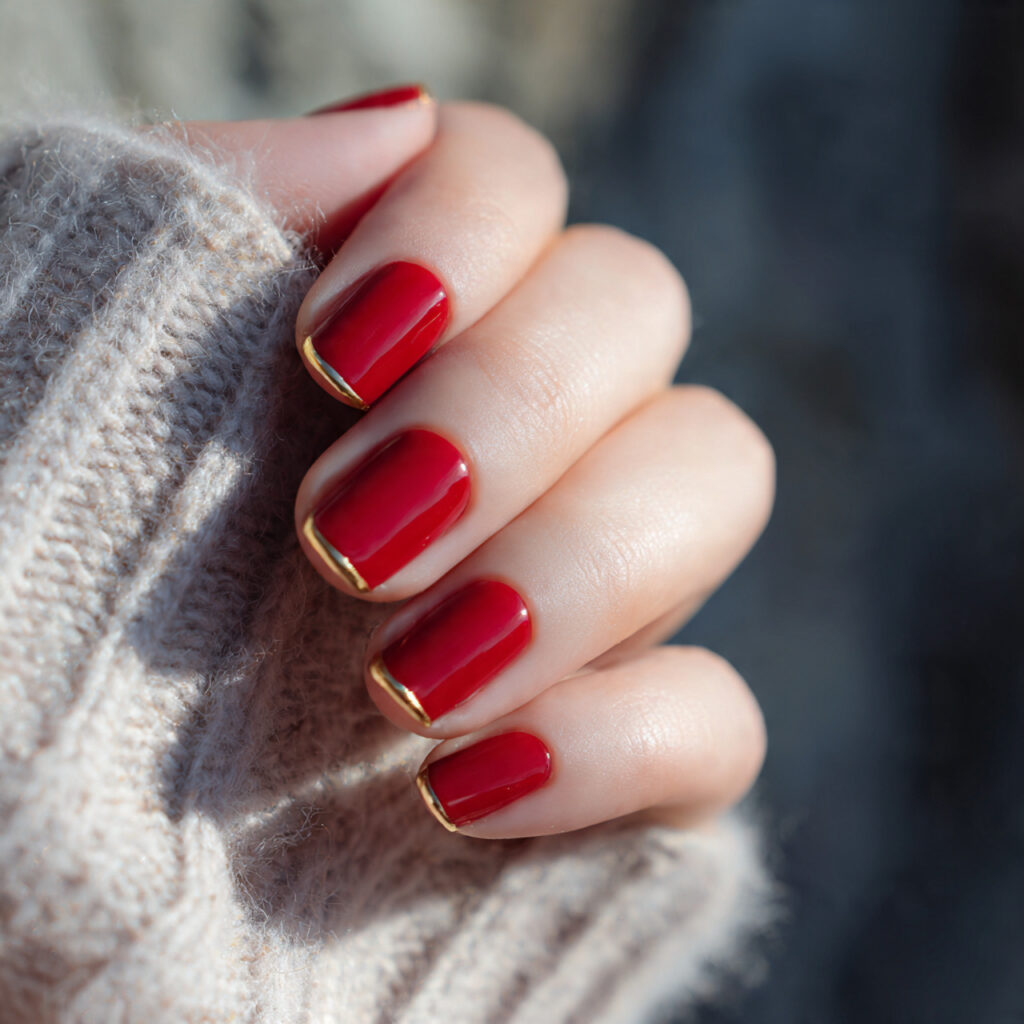 Red Nails With Gold: The Luxe, Glowing Combo You’ll Be Obsessed With 14 close up of a single hand with minimal red nail po