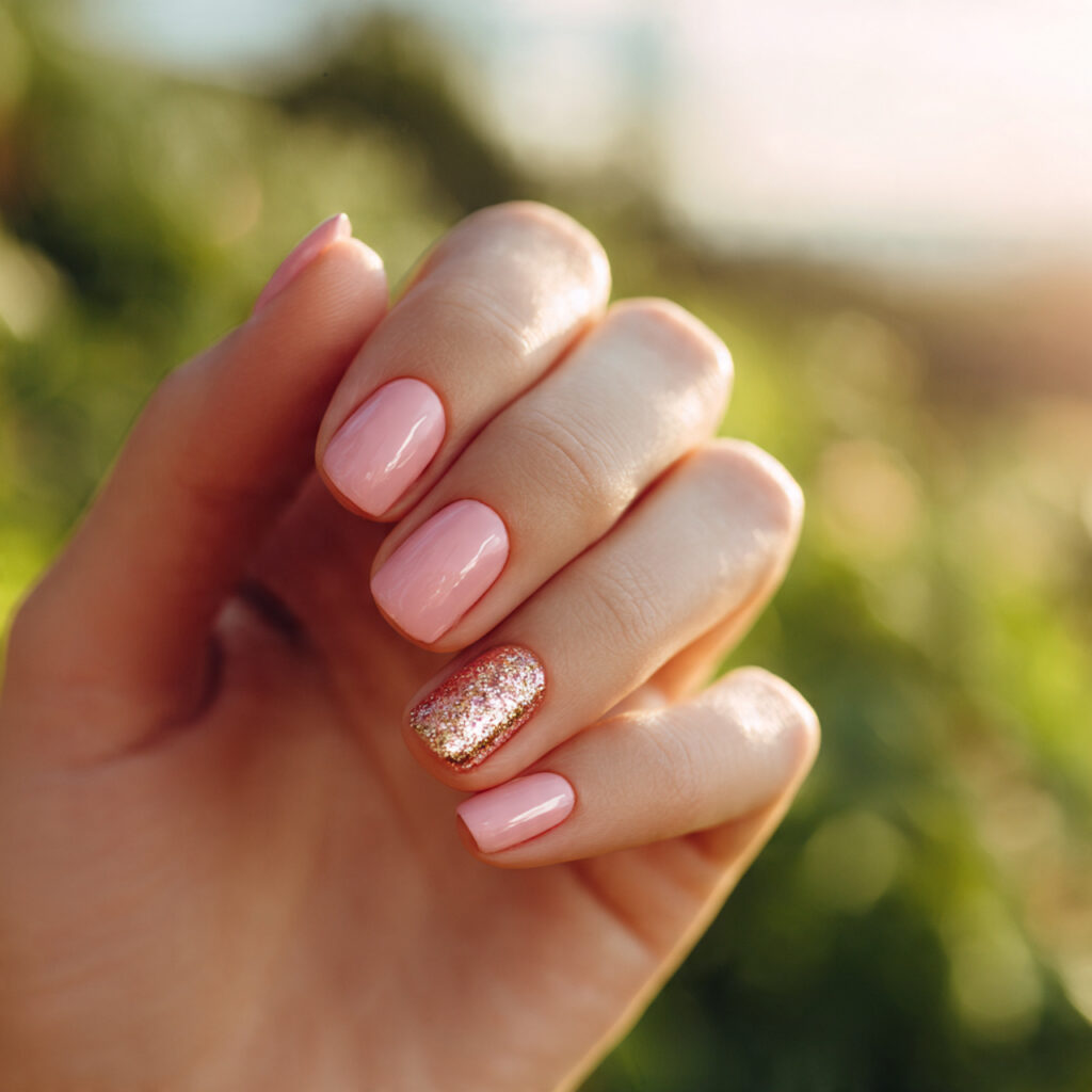 Pink Nails with Glitter Accent: Soft Glam Looks You’ll Want to Save 2 close up of an attractive female hand with glossy