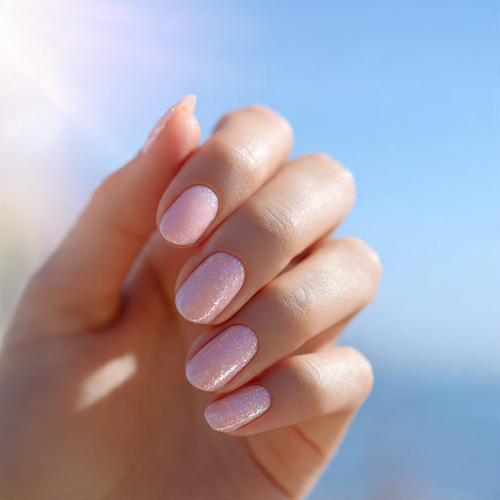 Pink Nails with Glitter Accent: Soft Glam Looks You’ll Want to Save 4 close up of an attractive hand with milky pink glo