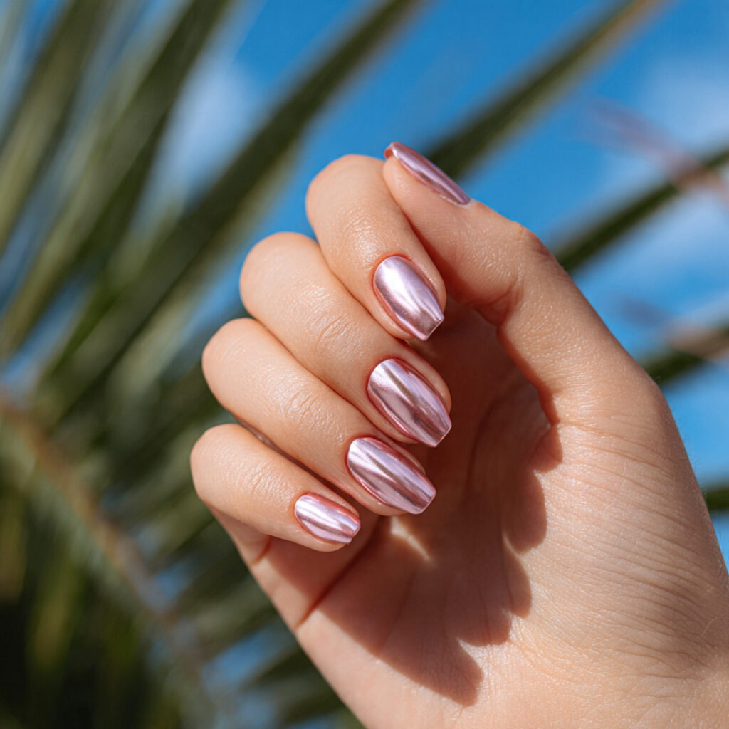 Chrome Pink Nails: The Glossy, Dreamy Trend You Can’t Stop Saving 4 close up of one attractive hand with blush chrome