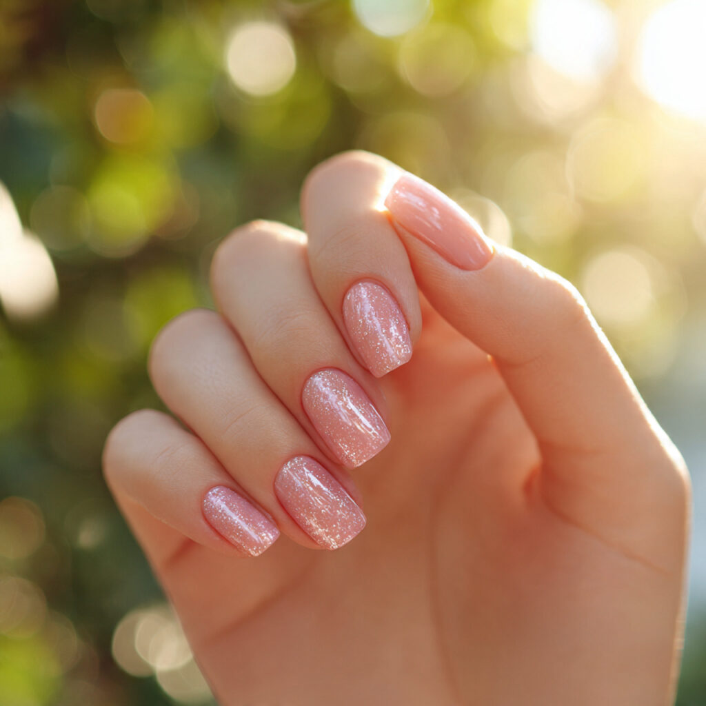 Pink Sparkle Nails: Soft Glam, Glossy Shine & Dreamy Glow 5 close up of one attractive hand with blush pink gl