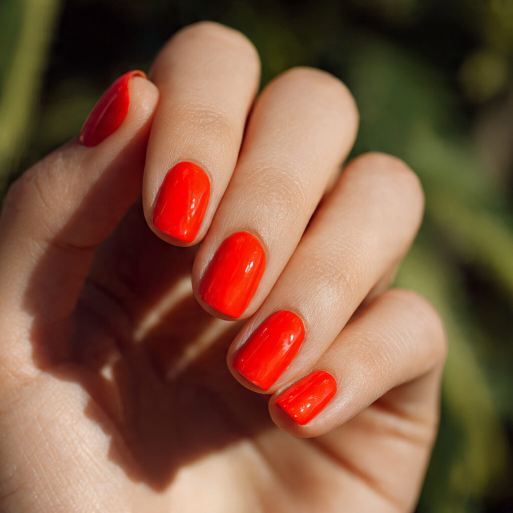 Red Short Nails: The Chic, Bold, and Effortless Trend You’ll Want to Copy 9 close up of one attractive hand with bright coral