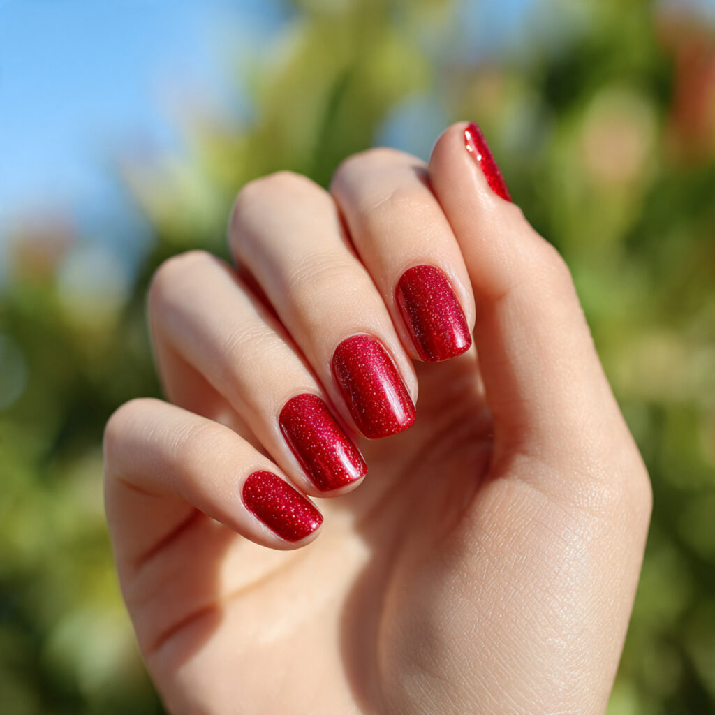 Red Nails Glitter: Bold Sparkle, Soft Glam & Statement Shine 1 close up of one attractive hand with cherry red na